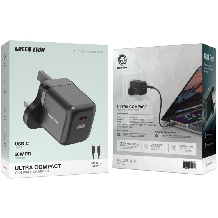 Green Lion Ultra Compact GaN Wall Charger with Single USB-C Port and USB-C to USB-C Cable, PC Flame Retardant Material, Fast Charging Support, Charging Protection, Universal Compatibility, Ultra Portable - Black