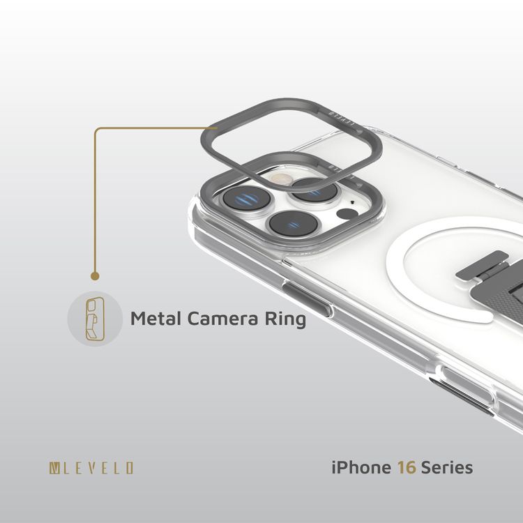 Levelo Morphix MagSafe Grip Case for iPhone 16 Pro Max, Impact Resistant Corners, Metal Camera Ring, Multi Functional Kickstand Premium Bayer TPU, Silicone Grip - Gray