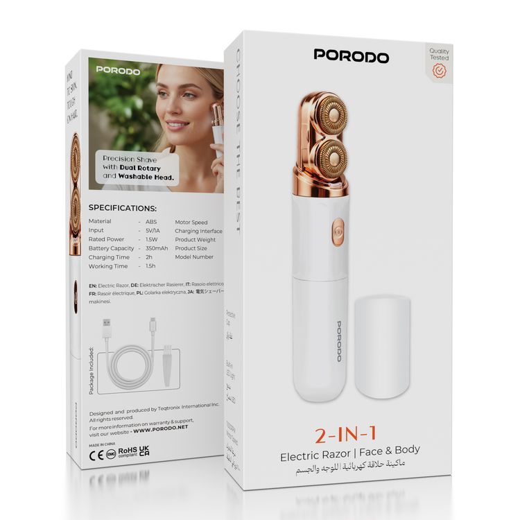 Porodo Lifestyle 2-in-1 Electric Razor for Face & Body with Protective Cap, Built-in LED Light, 11000 RPM Motor Speed, 2 Hours Charging Time, 1.5 Hours Working Time, 350mAh Battery Capacity, USB-C Charging Port, USB-A to USB-C Charging Cable, Cleaning Brush - White 