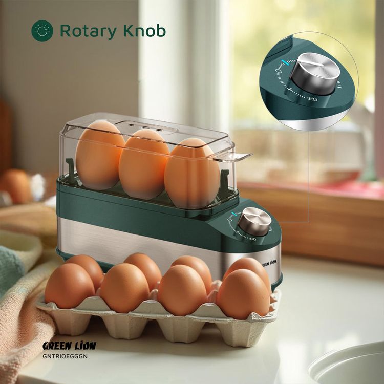 Green Lion Trio Egg Cooker with Auto Shutoff, Rotatory Knob, Non-Stick Coating, BPA-Free Plastic, 210W Rated Power - Green