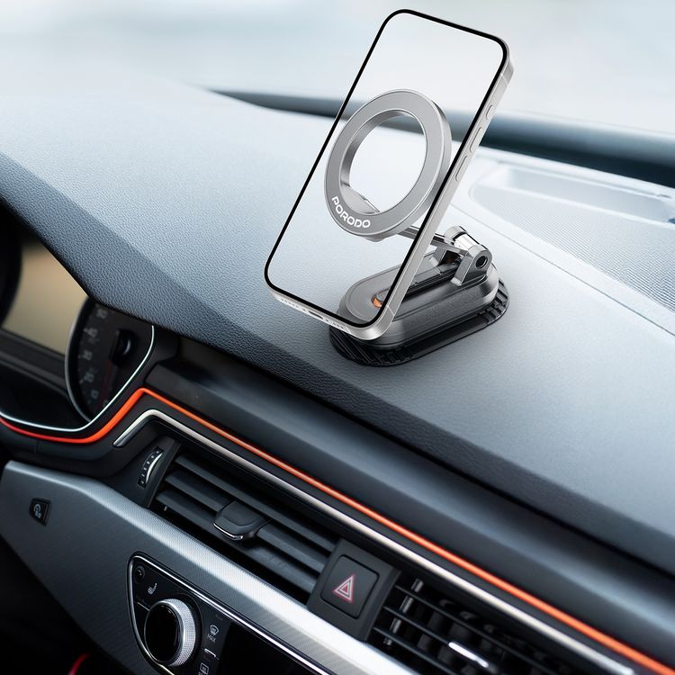 Porodo GripFold MagSafe Rotatable Car Mount with 360° Full Rotation, Horizontal & Vertical Viewing, N52 Powerful Magnetic Hold, One-Handed Operation, Lightweight & Compact Design - Black
