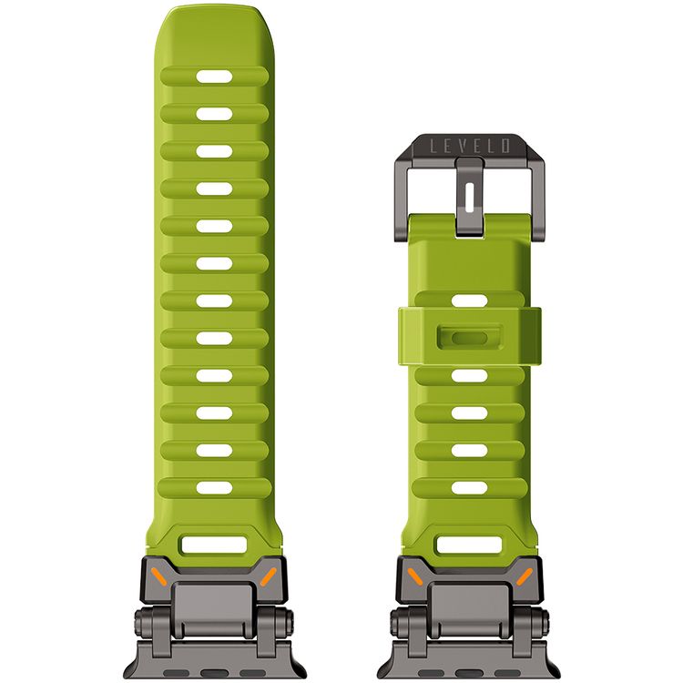 Levelo Kyoto Watch Strap, Apple Watch SE 9/8/7/6/5 (46/49mm), Fluoro Rubber & Stainless Steel Finish, Chemical Resistance, Hypoallergenic, 24/7 Wearability - Acid Green