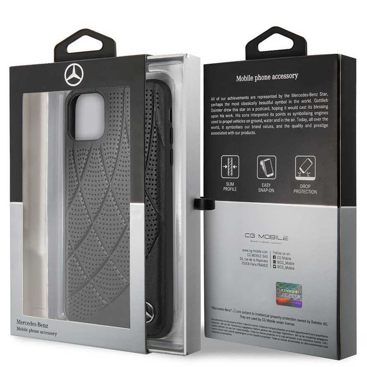 Mercedes-Benz Hard Case Quilted Perforated Genuine Leather For iPhone 11 Pro Max - Black