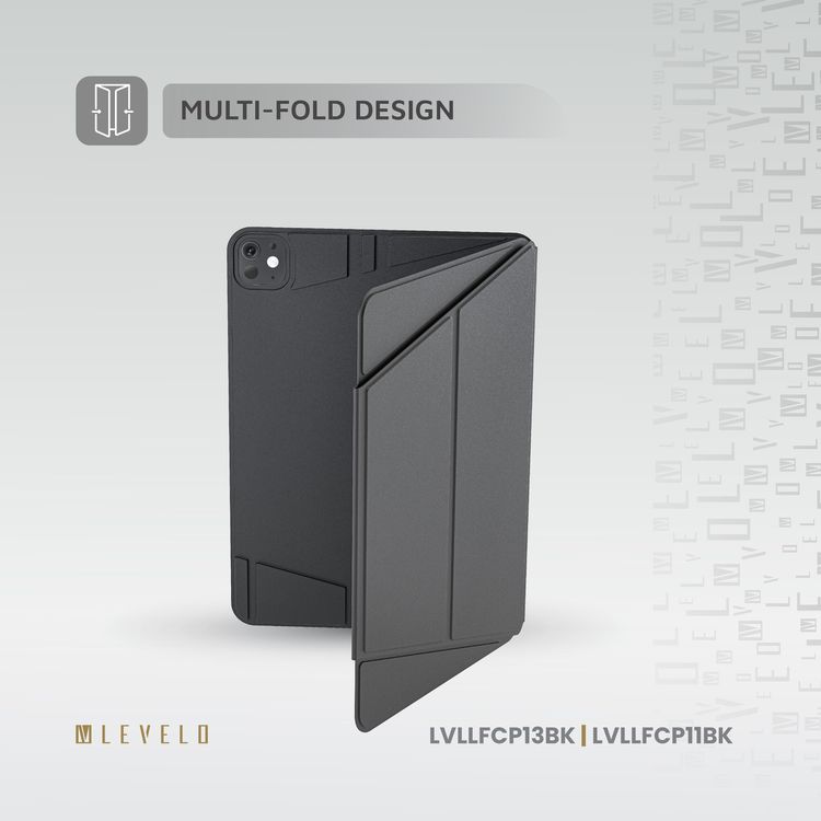 حافظة Levelo Luxora Folio لجهاز iPad Pro 13 بوصة، تتميز بقوة مغناطيسية عالية، تصميم متعدد الطيات، قابلية لتعديل الارتفاع - أسود