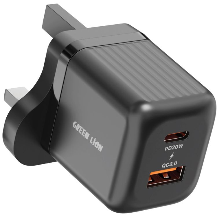 Green Lion Ultra Compact GaN Wall Charger with Dual USB-C & USB-A Ports and USB-C to USB-C Cable, PC Flame Retardant Material, Fast Charging Support, Charging Protection, Universal Compatibility, Ultra Portable - Black