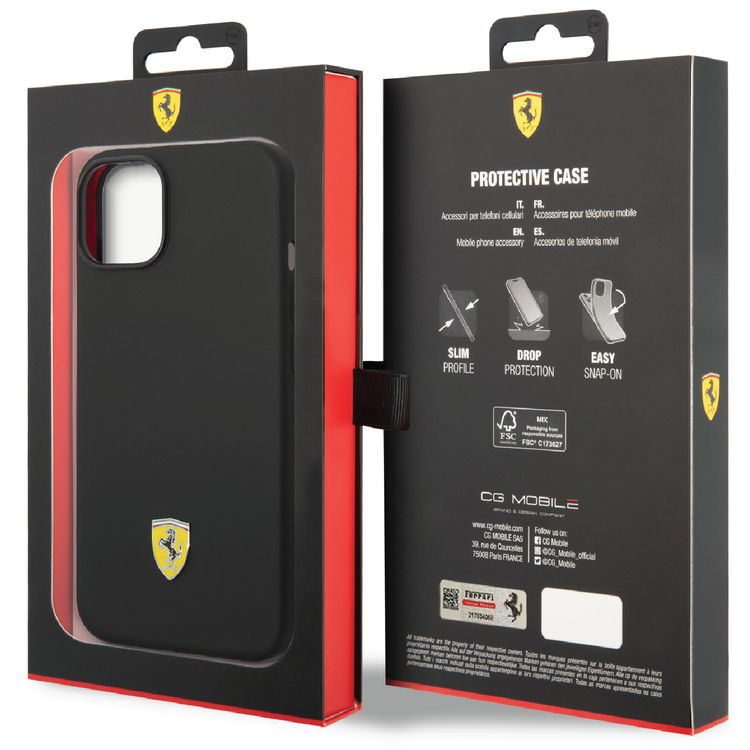 Ferrari Liquid Silicone Case with Black Camera Outline & Metal Logo iPhone 14 Compatibility - Black