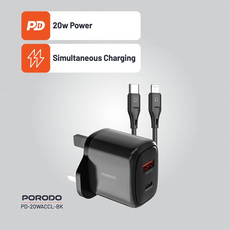 Porodo Dual Output Quick Charger with Type-C to Lightning Cable, 20W Power Delivery, QC 18W, UK 3-Pin Plug, Simultaneous Charging, Universal Compatibility - Black