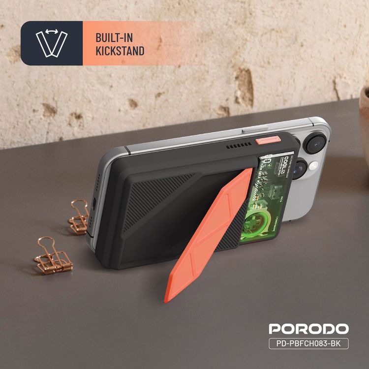 Porodo 10000mAh MagSafe Power Bank with Smart Thermal Cooling, 20W PD USB-C Output, 15W Wireless Charging Output, 10W Lightning Input, Built-in Stand, RGB Dynamic Lights - Black