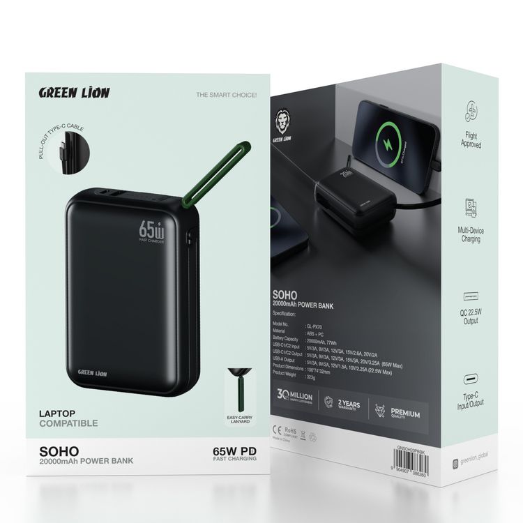 Green Lion Soho Power Bank 20000mAh with PD 65W Fast Charging, Flight Approved, Multi-Device Charging, QC 22.5W Output, Type-C Input/Output - Black 