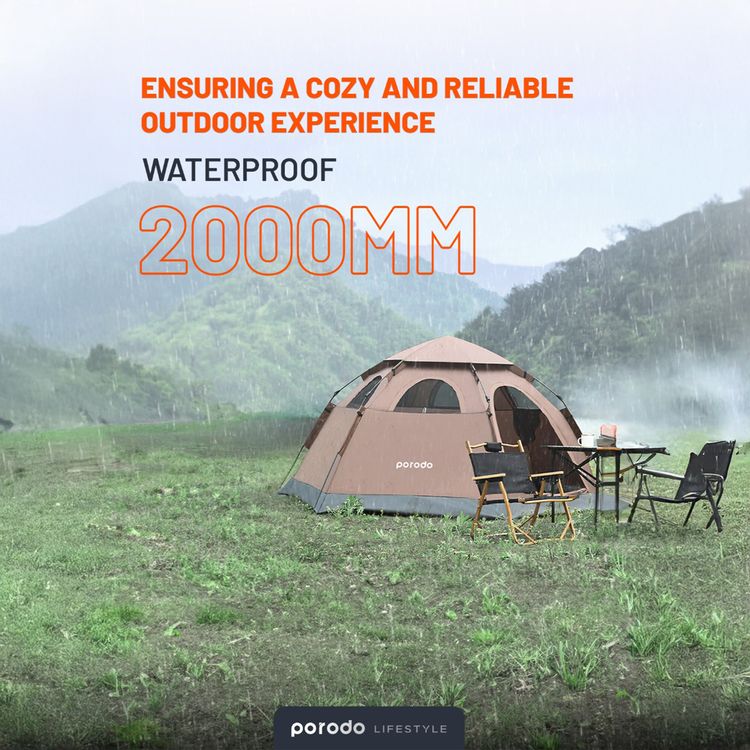 Porodo Lifestyle Automatic Camping Tent for Up to 4 People, Mesh Window, Water-Proof & Wind-Resistance, Quick & Easy Set-Up, Includes Ground Nails & Storage Bag - Brown