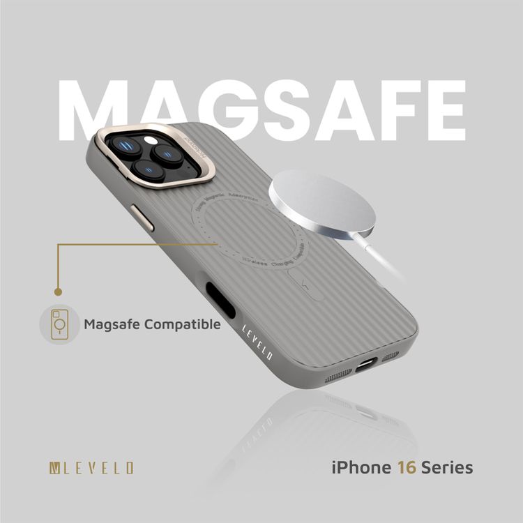 Levelo Livia Case for iPhone 16 Pro Max with MagSafe Compatibility, Impact-Resistant Corners, Built-in Kickstand, TPU with Silicone Surface, Metal Camera Ring - Gray