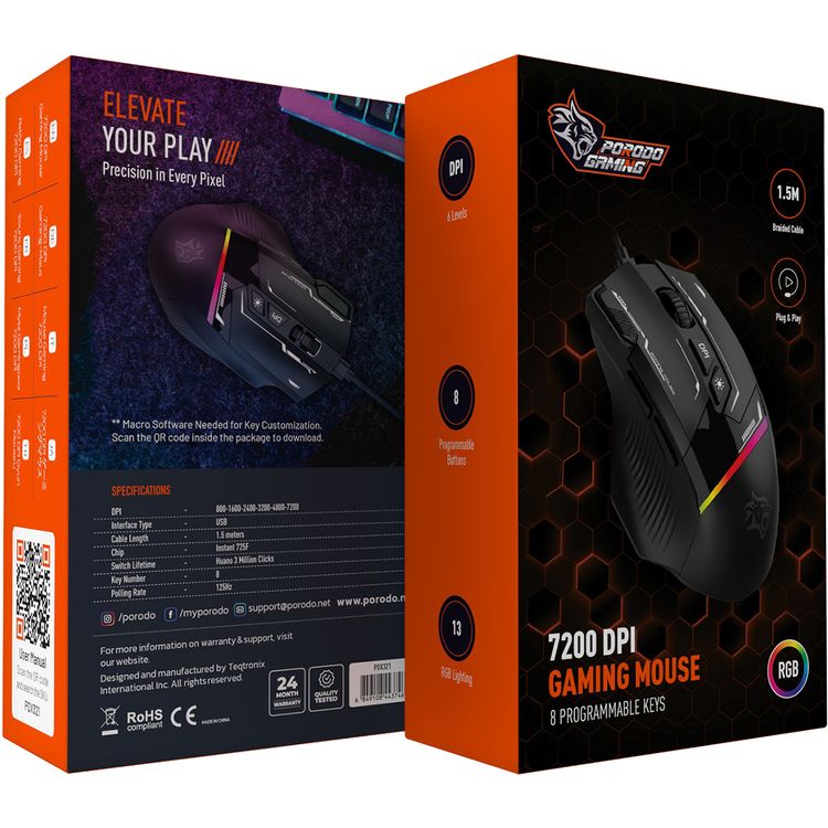 Porodo 7200 DPI Gaming Wired Mouse with 8 Programmable Keys & 13 Modes RGB Light, 6 Levels DPI, 125Hz Polling Rate, USB Interface, Instant 725F, 3 Million Clicks Lifespan - Black  