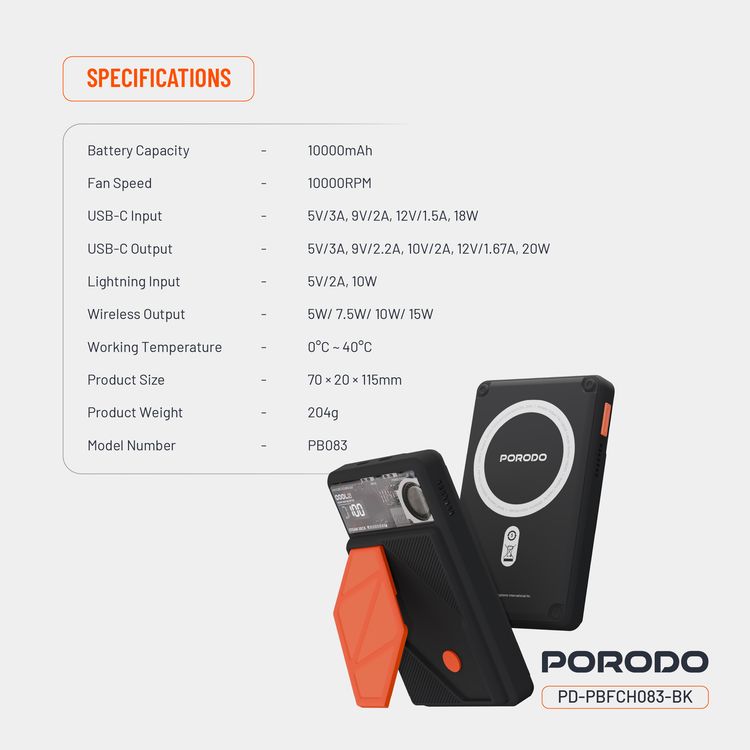 Porodo 10000mAh MagSafe Power Bank with Smart Thermal Cooling, 20W PD USB-C Output, 15W Wireless Charging Output, 10W Lightning Input, Built-in Stand, RGB Dynamic Lights - Black