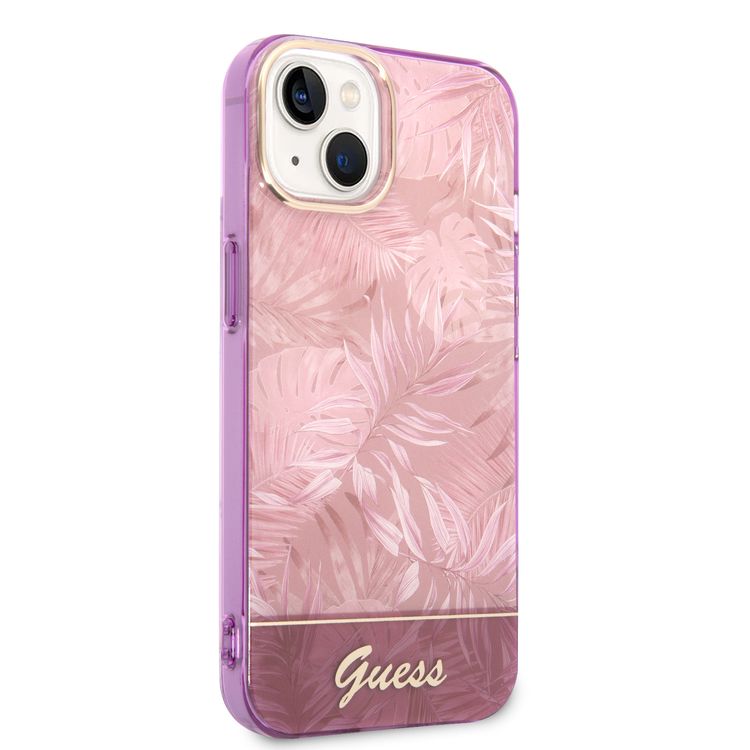 Guess PC/TPU IML Case with Double Layer Electroplated Camera Outline & Jungle Design iPhone 14 Compatibility - Pink
