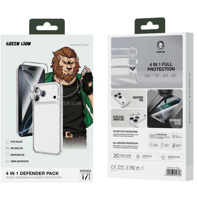 Green Lion 4-in-1 Defender Pack for iPhone 17 Pro Max, Anti-Shock Case, Anti-Fingerprint Camera Lens, Anti-Broken Edges Glass, 360° Comprehensive Protection Case, Anti-Yellowing Case, Anti-Scratch Camera Lens, HD Clarity Glass, Full Protection, High Quality - Clear