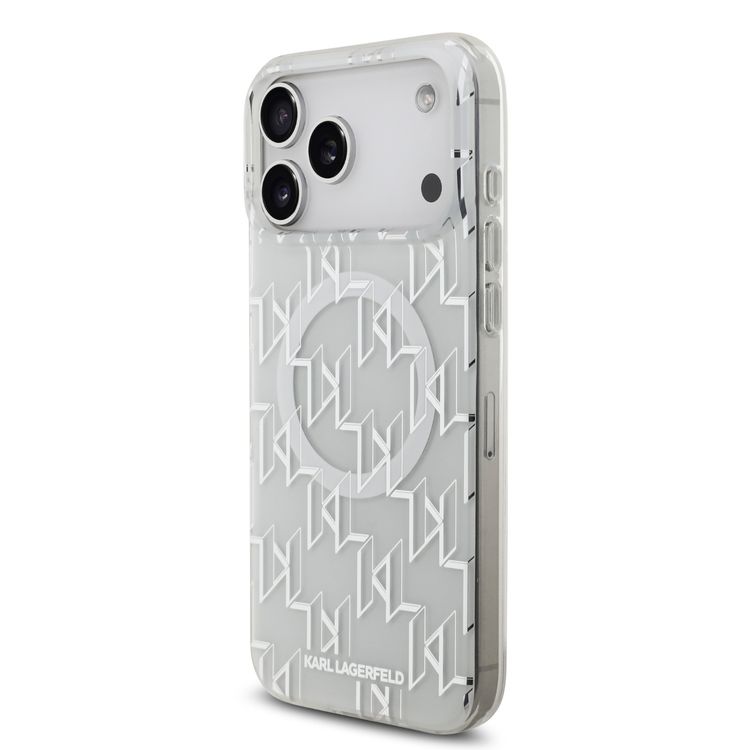 كفر كارل لاغرفيلد ماجسيف IML بتصميم مكرر لشعار كارل مطلي بالكهرباء لجهاز آيفون 17 برو ماكس، بروفايل نحيف، حماية من السقوط، سهل التركيب، تغليف مستدام، مسكة مريحة، تصميم خفيف الوزن - أبيض