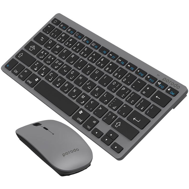 Porodo Wireless Super Slim and Portable Bluetooth Keyboard with Mouse ( English / Arabic ) 800-1600 DPI, Ultra-Thin Lightweight Compatible for Windows, Laptop, PC Desktop Computer - Gray