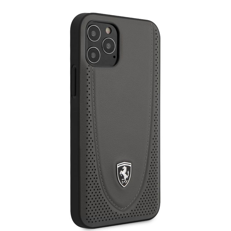 جراب صلب من الجلد الأصلي Off Track من Ferrari مع جلد مثقب بخيوط منحنية وجلد متباين لهاتف iPhone 12/12 Pro (6.1 بوصة) - رمادي داكن