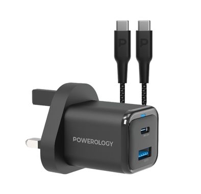 Powerology Dual Port Super Compact Quick Charger with USB-C To USB-C Braided Cable, 33W PPS Protocol, 35W USB-C Output, 18W USB-A Output - Black 