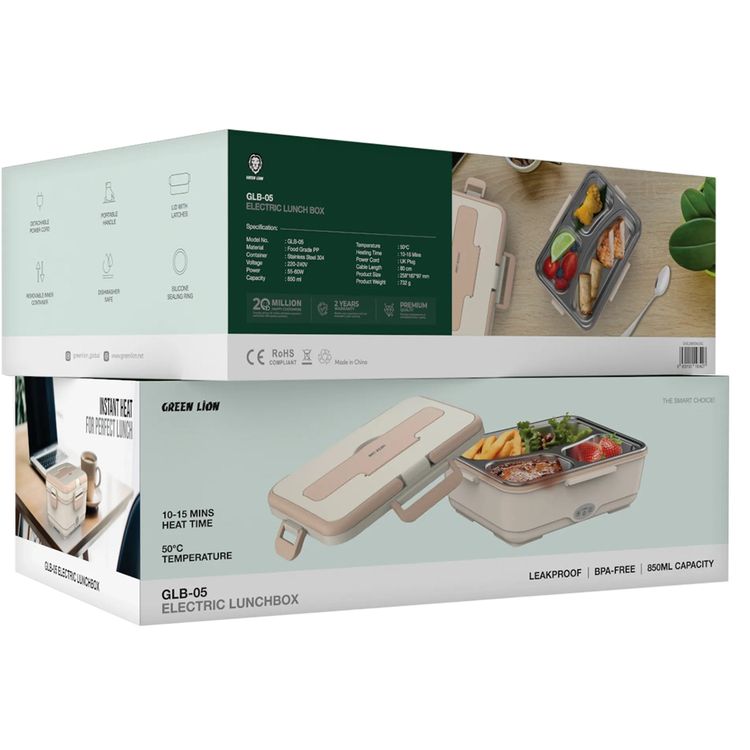 Green Lion GLB-05 Electric Lunchbox with 850mL Capacity, Removable Inner Container, Detachable Power Cord, Silicone Sealing Ring, Dishwasher Safe - Beige