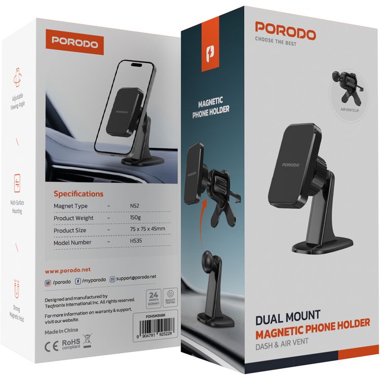 Porodo Dual Mount Magnetic Phone Holder with Dash & Air Vent Clip, Adjustable Viewing Angle, N52 Magnet Type, Multi-Surface Mounting, Strong Magnetic Hold - Black