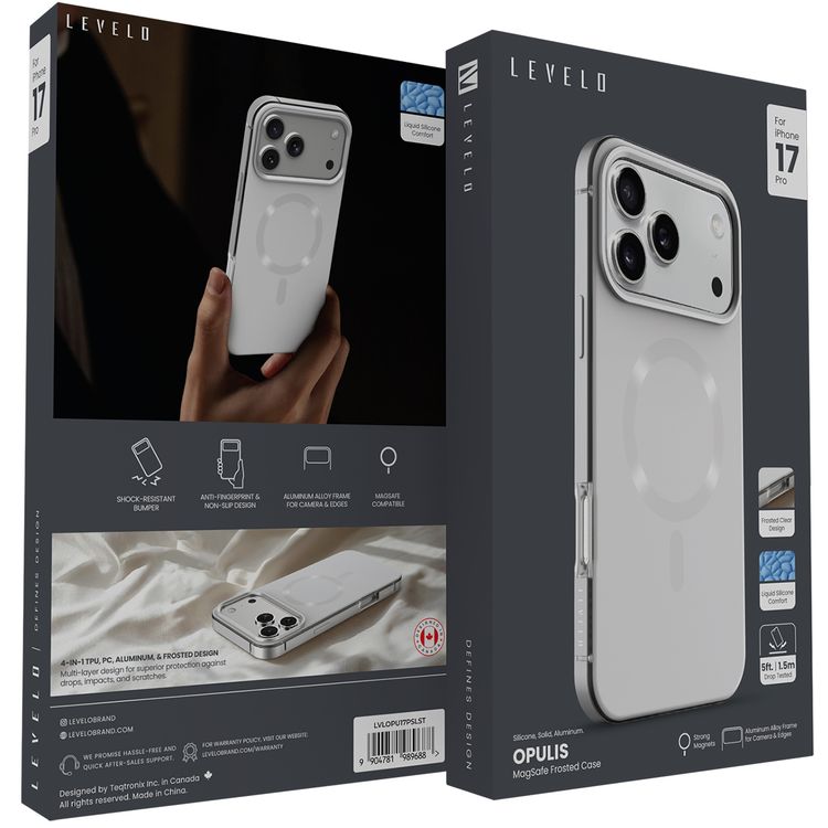 Levelo Opulis MagSafe Frosted Case for iPhone 17 Pro, Liquid Silicone Comfort, Anti-Scratch, Aluminum Alloy Frame for Camera & Edges, Anti-Fingerprint, Strong Magnets, Multi-Layer Design, Shock-Resistant Bumper, Non-Slip Surface - Silverstone