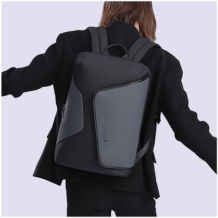 Levelo Lisbon Carrying Laptop & Universal 15.6” Backpack with Water Resistance Polyester, Laptop Compartment, Durable Material, Strap Pocket  - Black / Gray