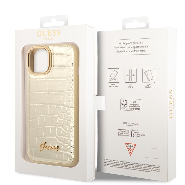 Guess PU Croco Case with Metal Camera Outline, Latest Design iPhone 14 Plus Compatibility - Gold