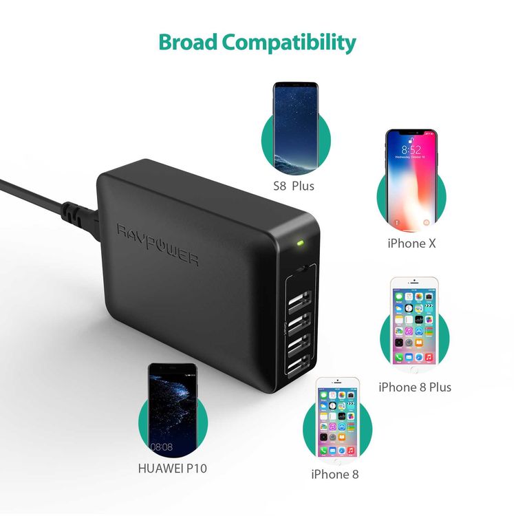 RAVPower 5 Ports USB Desktop Charger Charging Station with USB-C PD 60W - Fast Charging  Portable Mini Size Charger Hub with iSmart 2.0 Technology - Broad Compatibility - Black