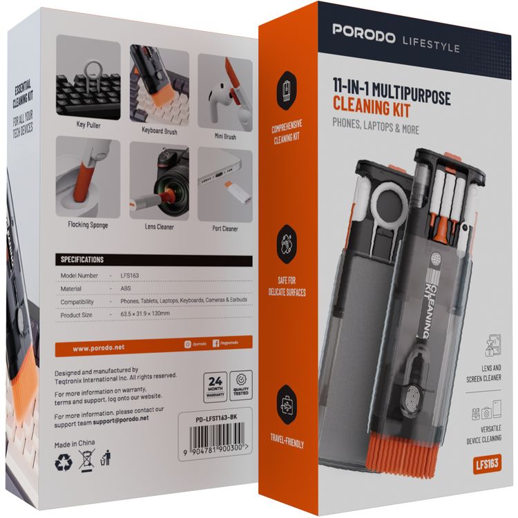 Porodo Lifestyle 11-in-1 Multipurpose Cleaning Kit for Phones & Laptops & Cameras with Key Puller, Keyboard Brush, Mini Brush, Flocking Sponge, Lens & Port Cleaner, ABS Material,  Portable Design - Black