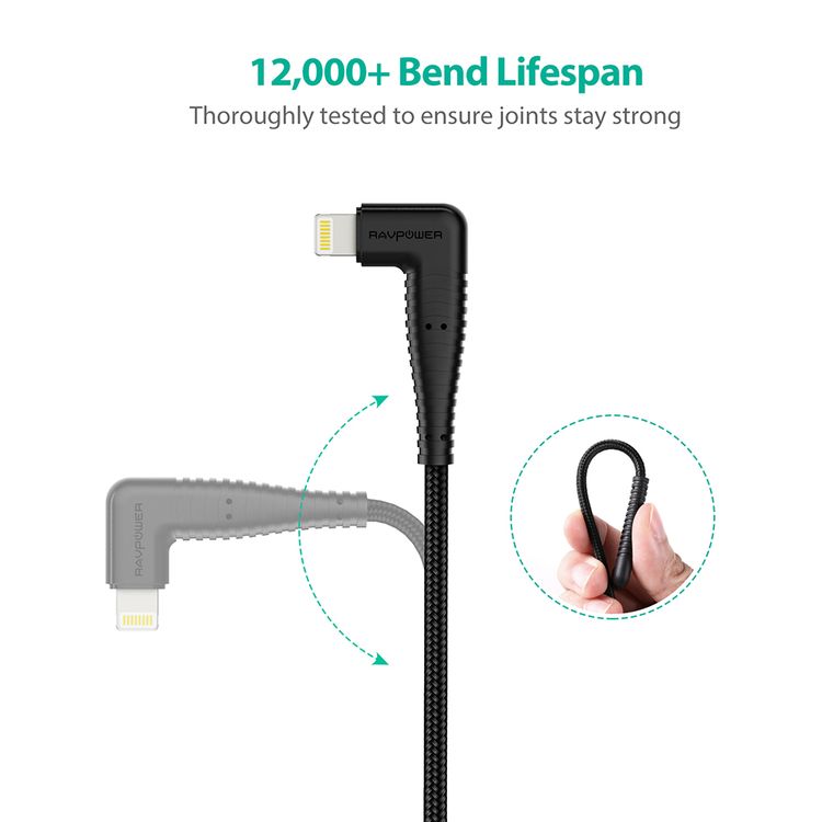 RAVPower Nylon Braided Cable 3ft/0.9m Compatible for Lightning Devices, 2.4A Fast Charging, 90 Degree Comfortable Playing Games, Fast Charging and Data Transmitter Cord