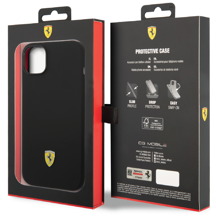Ferrari Liquid Silicone Case with Black Camera Outline & Metal Logo iPhone 14 Plus Compatibility - Black