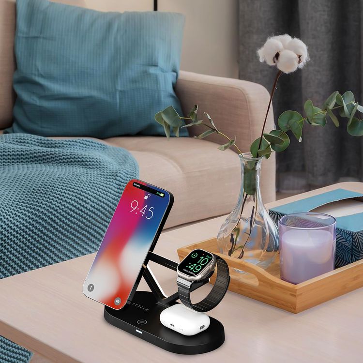 Levelo Premio 5-in-1 Wireless Charger with MagSafe Compatibility, 15W Fast Wireless Charging, Overcurrent Protection, Built-in LED Light, Automatic Object Detection - Black