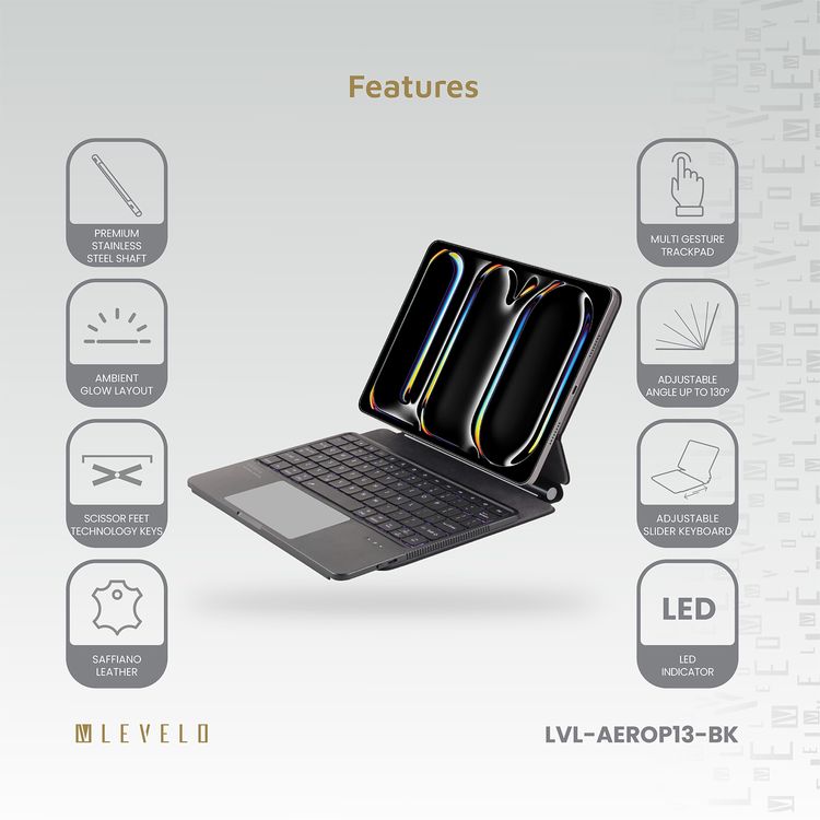 Levelo AeroBoard Pro Saffiano Leather Wireless Keyboard for iPad Pro 13" 2024, Stainless  Steel + Rubber Finish, 500mAh Battery Capacity, Type-C Charging Interface, Up to 320 Hours Working Time, 7 Color Light Modes - Black