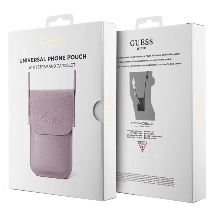 Guess Universal Saffiano Phone Pouch with Embossed Logo, Card Slot, Adjustable Shoulder Strap, Lightweight & Easy to Carry - Pink