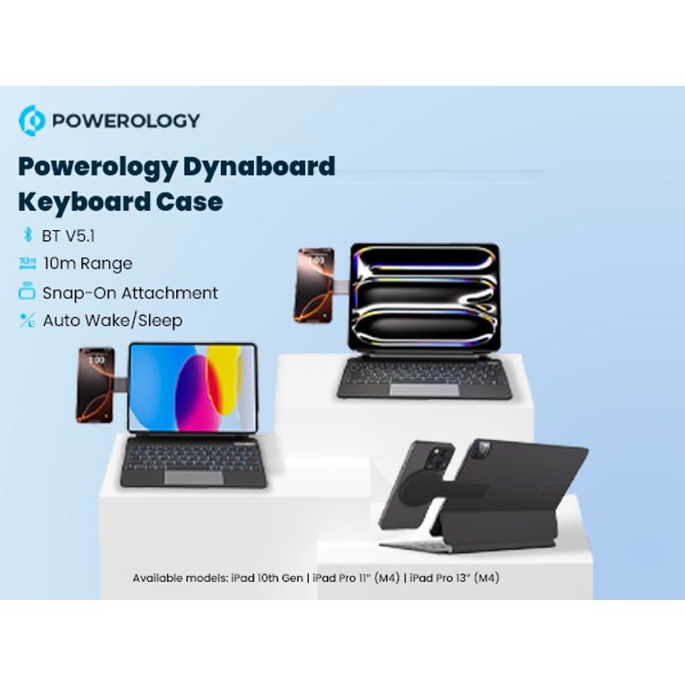 Powerology Dynaboard Wireless Keyboard Case for iPad Pro 11" (M4), MagSafe Phone Holder, Touch Pad, Multimedia Keys, 500mAh Battery Capacity, 8 Days Working Time, 2.5 Hours Charging Time, Easy Pencil Access, Bluetooth Version 5.1, 10m Transmission Range, Snap-On Attachment - Black