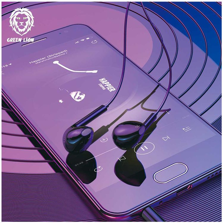 Green Lion Stereo Earphones with Built-in Microphone, 14mm Speaker, 1.2m Cable Length, 3.5mm Audio Jack, Control Buttons - Black