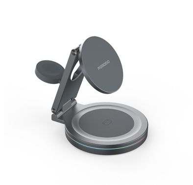 Porodo Rotating Base Three-Device Wireless Charger with 15W Wireless Output, Folding Design, Fast Charging, Type-C Input Interface, Lightweight & Portable - Gray