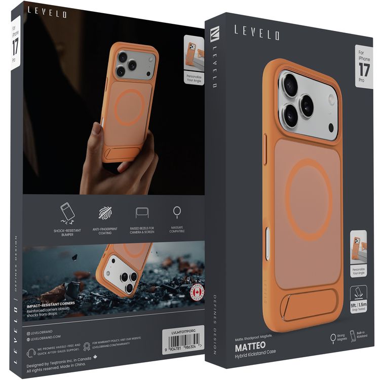 Levelo Matteo Hybrid Kickstand Case with Matte Design for iPhone 17 Pro, Anti-Fingerprint Coating, Impact-Resistant Corners, Raised Bezels for Camera & Screen, MagSafe Compatible, Shock-Resistant Bumper, Drop-Tested - Orange