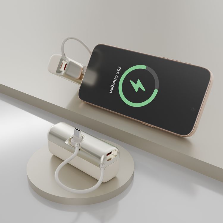 Porodo Pocket Volt 5000mAh Power Bank with Built-in Type-C Connector, 22.5W Power Delivery, Fast Charging Support, Compact Design, 15W Total Output - White