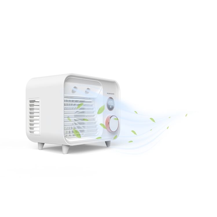 Porodo Mini Mist Fan Desktop Air Cooler with LED Display & Knob Control, 250mL Tank Capacity, 2000mAh Battery, 7.4W Rated Power, Up to 7 Hours Working Time, USB-C Charging Port, 5 Speed levels, Instant Cooling Mist - White