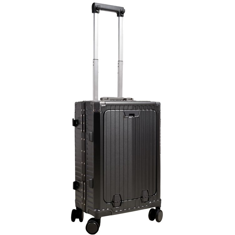 Levelo RoamRollers Travel Luggage with an Aluminum Body, USB-A & USB-C Output, Metal Corner Protection, Front Pocket Compatible with Up to 15.6" Laptop, Phone Holder and Cup Holder, Silent Spinner Wheels - Black 