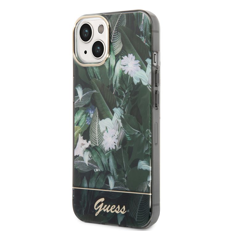 Guess PC/TPU IML Case with Double Layer Electroplated Camera Outline & Jungle Design iPhone 14 Compatibility - Green