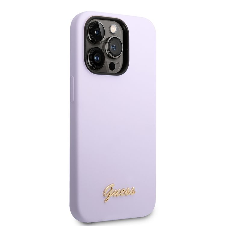 Guess Liquid Silicone Case With PC Camera Outline & Script Metal Logo - iPhone 14 Pro - Purple