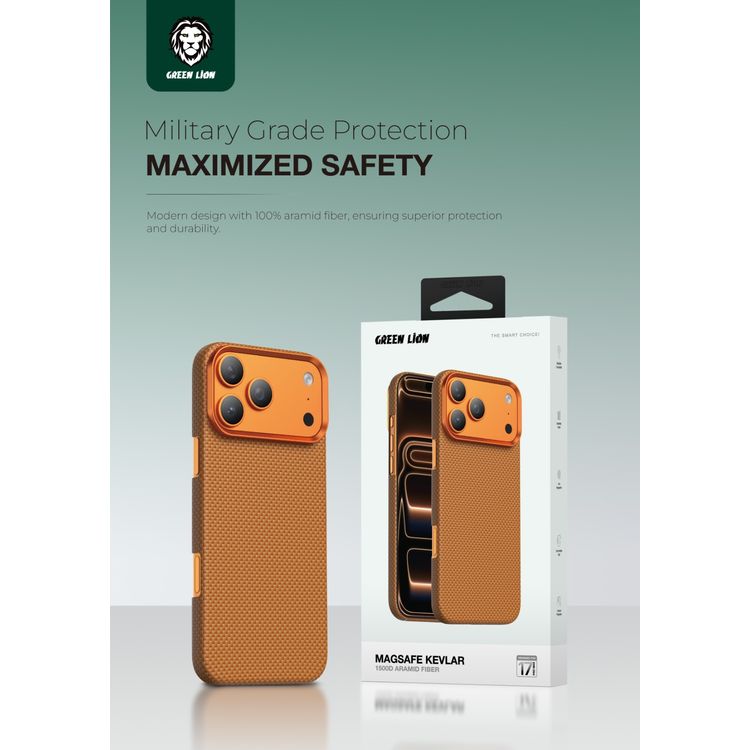 Green Lion Magsafe Kevlar Case for iPhone 17 Pro, Comfortable Grip, Aluminum Alloy Guard, Drop Protection, Lightweight Design, Ultra-Slim - Orange