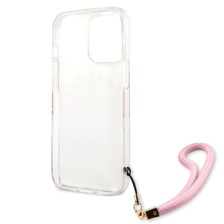 CG MOBILE Guess PC/TPU Case Camo Design & Stripe with Anti-Lost Nylon Strap for iPhone 13 Pro Max (6.7") Back Cover Suitable with Wireless Charging Officially Licensed Pink