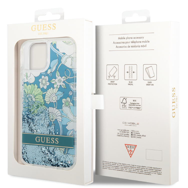 Guess Liquid Glitter Case with Flower Pattern Extra Shine Smooth Touch Feel iPhone 14 Plus Compatibility - Green