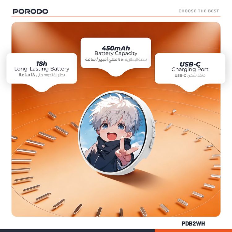 Porodo Robo Tag 1.85" Badge Magic Pro with Round HD Screen, USB-C Charging Interface, Adjustable Brightness, High-Definition Screen, Badges Image Transfer, Bluetooth Version 5.4, Sensitive Touch Control, Multi-Color Option, Image Display + GIF Animation + 3-Second Video Display Mode - White