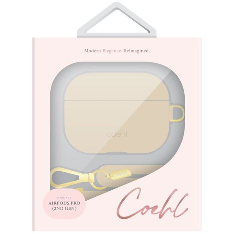UNIQ Coehl Haven Airpods Pro 2nd Gen (2022) Case, Wired and Wireless charging, Matching Detachable Rope Hand Strap, Leatherette - Cream