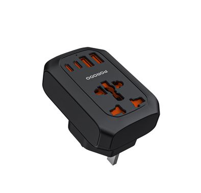 Porodo Universal AC Adapter Multi-Device Charging UK Plug, 20W PD, Universal Socket + 2 USB-A & 2 USB-C Ports, 100-260V, 50/60Hz Rated Frequency, Built-In Safeguards, Simultaneous Charging, Universal Socket - Black 
